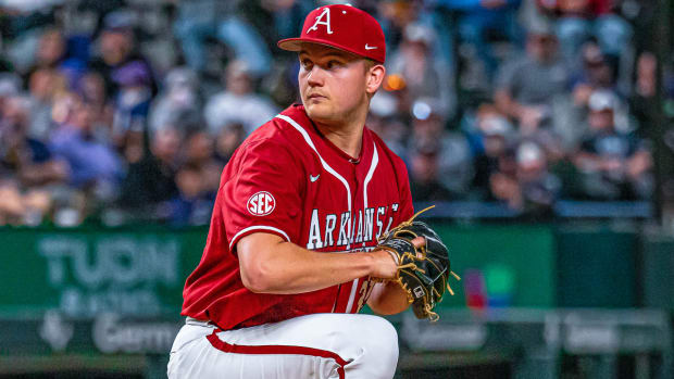 Arkansas Razorbacks pitcher Zack Morris against TCU on Saturday night at Globe Life Park in Arlington, Texas.